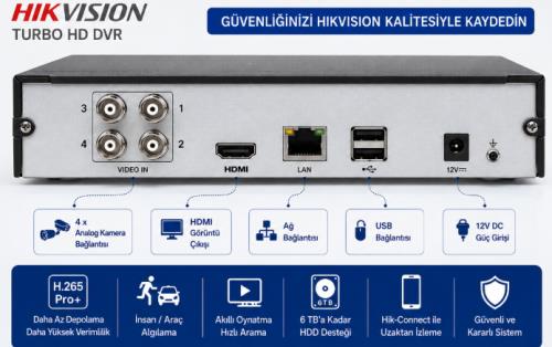 HIKVISION DS-7104HGHI-K1 4 KANAL 2Mpix HDMI H265Pro+ 1080N 1 HDD Desteği 5in1 DVR Cihazı